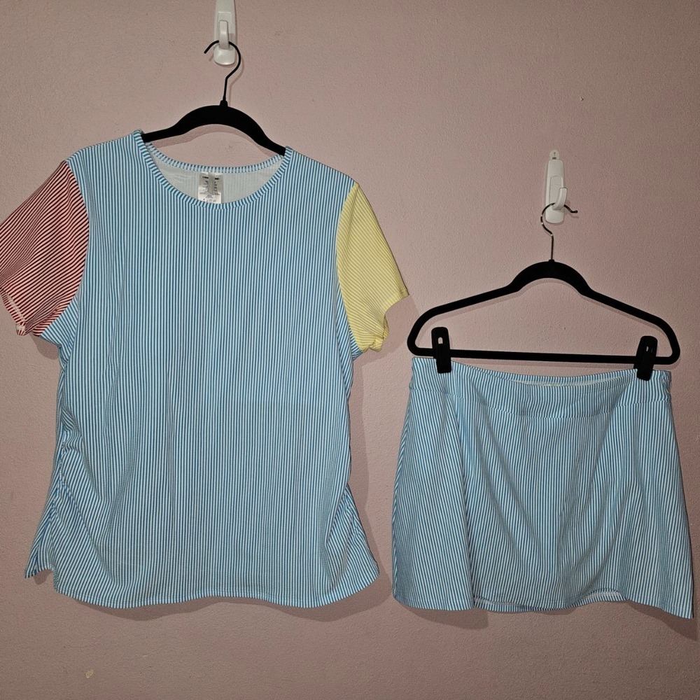 Lands End Sz 16 Tankini Swimsuit Top Built in Bra & Skirt Seersucker Colorblock